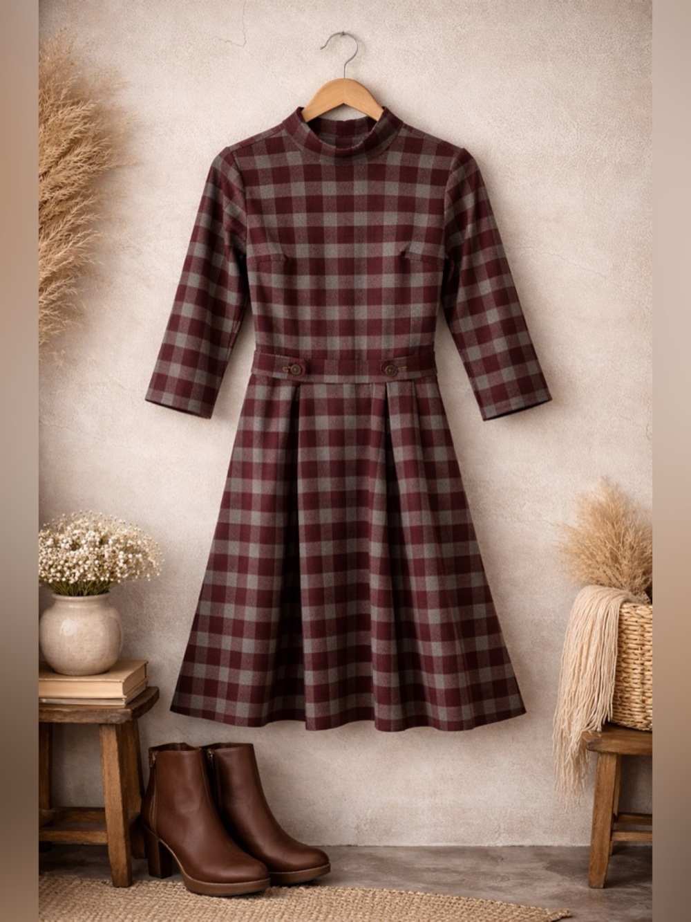 ModCloth Burgundy Plaid Fit & Flare Dress | Long Sleeve | Size L